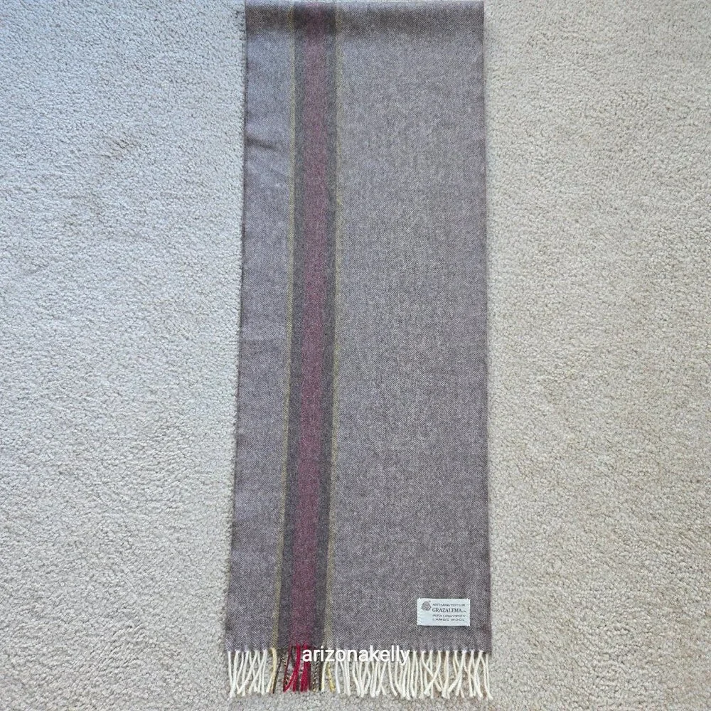 NWOT Wool Herringbone Scarf Brown with Burgundy & Yellow Stripe